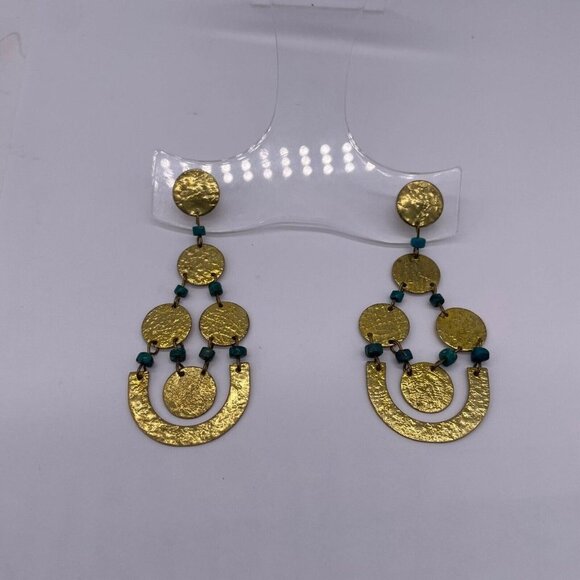 Hammered Disc Dangle Drop Blue Bead Earrings Gold Tone - Picture 3 of 4